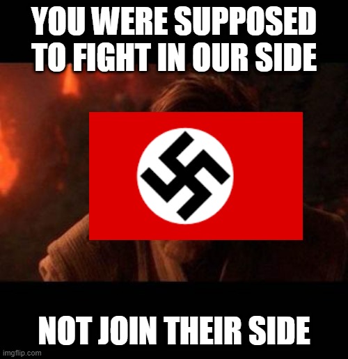 Pov:Italy betray germany | YOU WERE SUPPOSED TO FIGHT IN OUR SIDE; NOT JOIN THEIR SIDE | image tagged in obi wan destroy them not join them | made w/ Imgflip meme maker