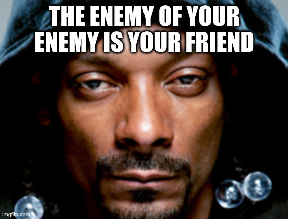 Snoop Scowl | THE ENEMY OF YOUR ENEMY IS YOUR FRIEND | image tagged in snoop scowl | made w/ Imgflip meme maker