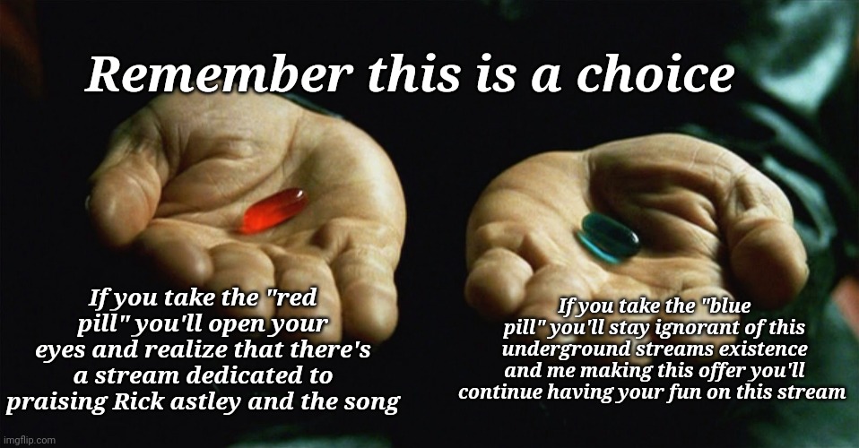 Red pill blue pill | If you take the "red pill" you'll open your eyes and realize that there's a stream dedicated to praising Rick astley and the song If you tak | image tagged in red pill blue pill | made w/ Imgflip meme maker