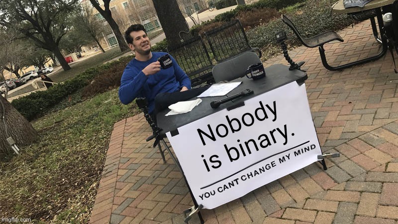 you can't change my mind | Nobody is binary. | image tagged in you can't change my mind,gender identity | made w/ Imgflip meme maker