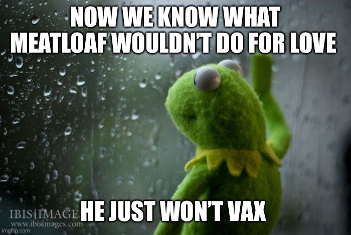 kermit window | NOW WE KNOW WHAT MEATLOAF WOULDN’T DO FOR LOVE; HE JUST WON’T VAX | image tagged in kermit window | made w/ Imgflip meme maker