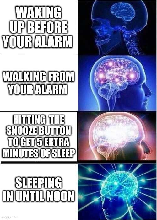 Expanding Brain | WAKING UP BEFORE YOUR ALARM; WALKING FROM YOUR ALARM; HITTING  THE SNOOZE BUTTON TO GET 5 EXTRA MINUTES OF SLEEP; SLEEPING IN UNTIL NOON | image tagged in memes,expanding brain | made w/ Imgflip meme maker