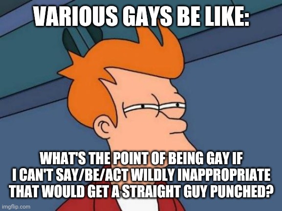Futurama Fry Meme | VARIOUS GAYS BE LIKE: WHAT'S THE POINT OF BEING GAY IF I CAN'T SAY/BE/ACT WILDLY INAPPROPRIATE THAT WOULD GET A STRAIGHT GUY PUNCHED? | image tagged in memes,futurama fry | made w/ Imgflip meme maker