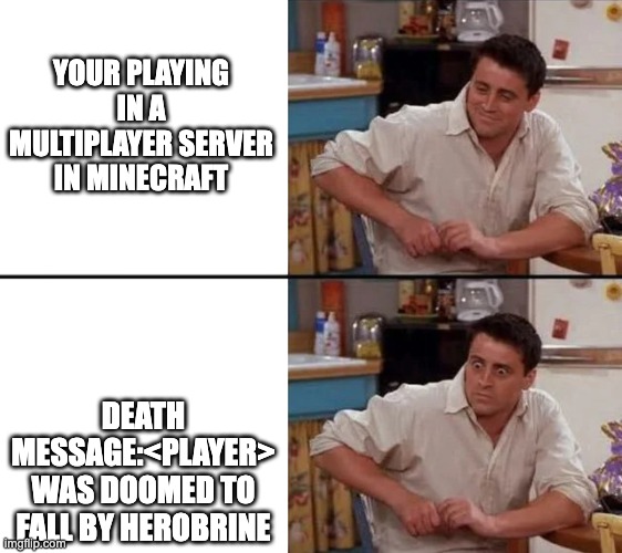 *insert evil laughing* | YOUR PLAYING IN A MULTIPLAYER SERVER IN MINECRAFT; DEATH MESSAGE:<PLAYER> WAS DOOMED TO FALL BY HEROBRINE | image tagged in surprised joey,minecraft,troll,death message,multiplayer | made w/ Imgflip meme maker