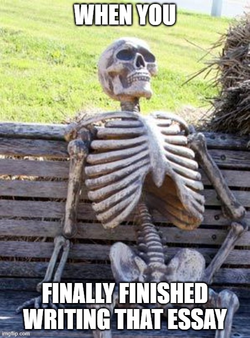 Waiting Skeleton | WHEN YOU; FINALLY FINISHED WRITING THAT ESSAY | image tagged in memes,waiting skeleton | made w/ Imgflip meme maker