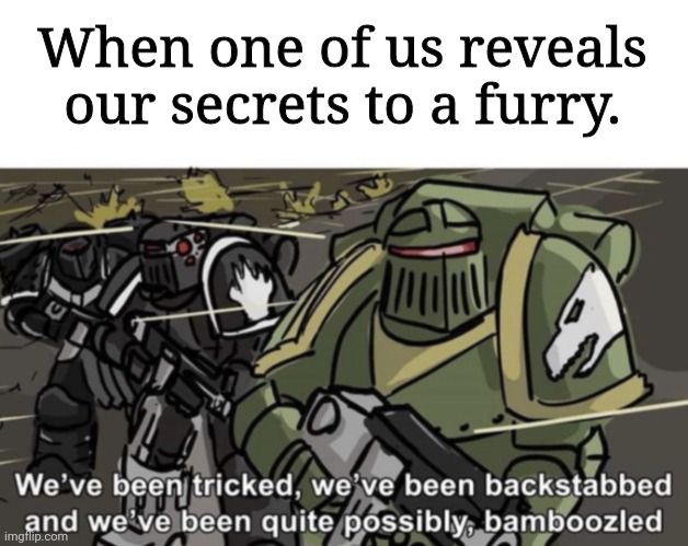 We’ve been tricked, we’ve been backstabbed, and we’ve been quite | When one of us reveals our secrets to a furry. | image tagged in we ve been tricked we ve been backstabbed and we ve been quite | made w/ Imgflip meme maker