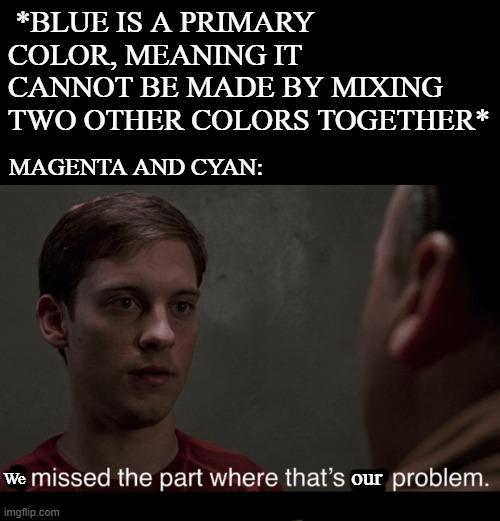 I'm an expert in color theory |  *BLUE IS A PRIMARY COLOR, MEANING IT CANNOT BE MADE BY MIXING TWO OTHER COLORS TOGETHER*; MAGENTA AND CYAN:; We; our | image tagged in i missed the part where thats my problem,spiderman,tobey maguire,marvel,colors,sony | made w/ Imgflip meme maker