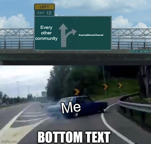 Left Exit 12 Off Ramp | Every other community; AnarchyMemesChannel; Me; BOTTOM TEXT | image tagged in memes,left exit 12 off ramp | made w/ Imgflip meme maker