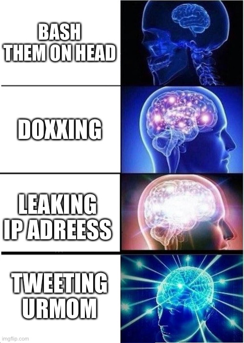 How To Ruin a R34 Artists Life | BASH THEM ON HEAD; DOXXING; LEAKING IP ADREESS; TWEETING URMOM | image tagged in memes,expanding brain | made w/ Imgflip meme maker