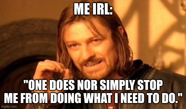Meme #8 | ME IRL:; "ONE DOES NOR SIMPLY STOP ME FROM DOING WHAT I NEED TO DO." | image tagged in memes,one does not simply | made w/ Imgflip meme maker