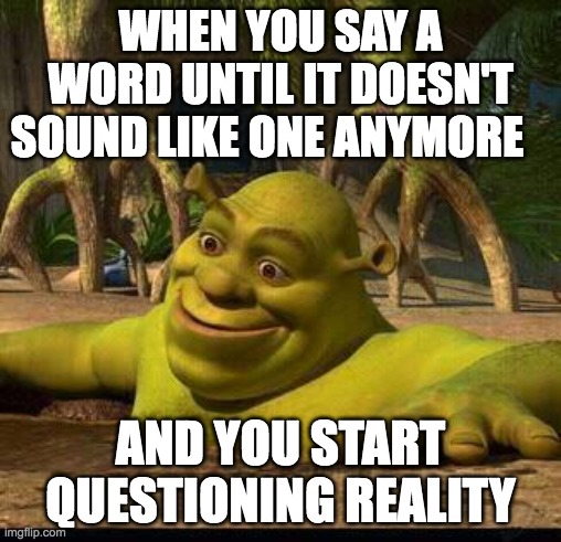 'o' |  WHEN YOU SAY A WORD UNTIL IT DOESN'T SOUND LIKE ONE ANYMORE; AND YOU START QUESTIONING REALITY | image tagged in shreck,memes,relatable,words,reality,mind blown | made w/ Imgflip meme maker