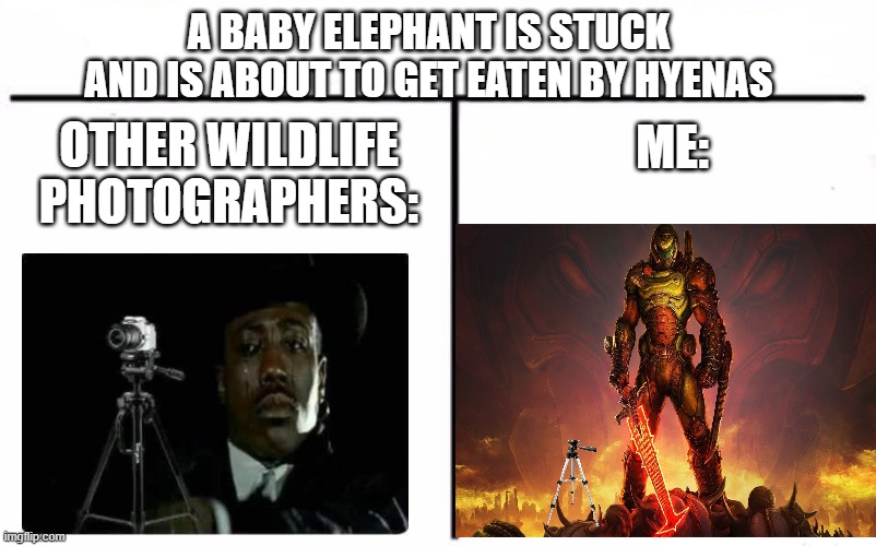 Who Would Win Blank | A BABY ELEPHANT IS STUCK AND IS ABOUT TO GET EATEN BY HYENAS; ME:; OTHER WILDLIFE PHOTOGRAPHERS: | image tagged in who would win blank | made w/ Imgflip meme maker