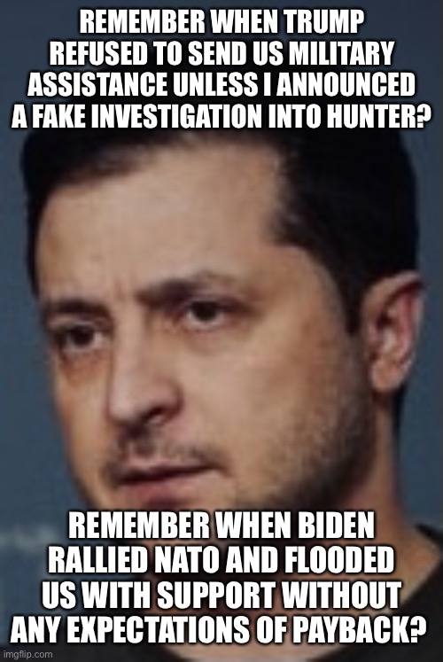 Zalinski | REMEMBER WHEN TRUMP REFUSED TO SEND US MILITARY ASSISTANCE UNLESS I ANNOUNCED A FAKE INVESTIGATION INTO HUNTER? REMEMBER WHEN BIDEN RALLIED NATO AND FLOODED US WITH SUPPORT WITHOUT ANY EXPECTATIONS OF PAYBACK? | image tagged in zalinski | made w/ Imgflip meme maker