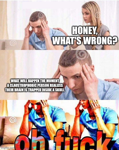 Honey What’s Wrong | HONEY, WHAT'S WRONG? WHAT WILL HAPPEN THE MOMENT A CLAUSTROPHOBIC PERSON REALIZES THEIR BRAIN IS TRAPPED INSIDE A SKULL. | image tagged in honey what s wrong | made w/ Imgflip meme maker