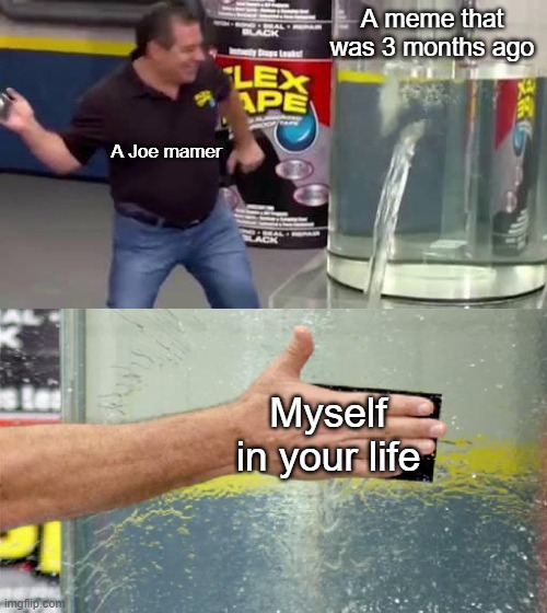 Joe mamer was 3 months ago | A meme that was 3 months ago; A Joe mamer; Myself in your life | image tagged in flex tape,memes | made w/ Imgflip meme maker