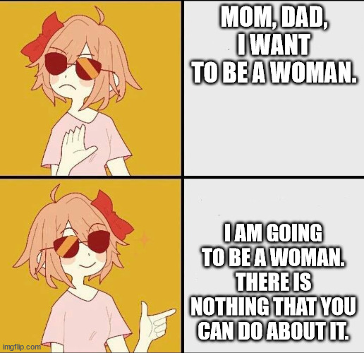 mtf coming out | MOM, DAD, I WANT TO BE A WOMAN. I AM GOING TO BE A WOMAN. THERE IS NOTHING THAT YOU CAN DO ABOUT IT. | image tagged in trans mtf drake meme | made w/ Imgflip meme maker