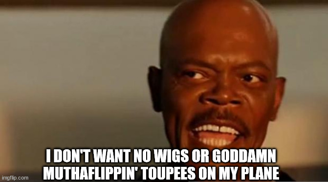 Snakes on the Plane Samuel L Jackson | I DON'T WANT NO WIGS OR GODDAMN MUTHAFLIPPIN' TOUPEES ON MY PLANE | image tagged in snakes on the plane samuel l jackson | made w/ Imgflip meme maker