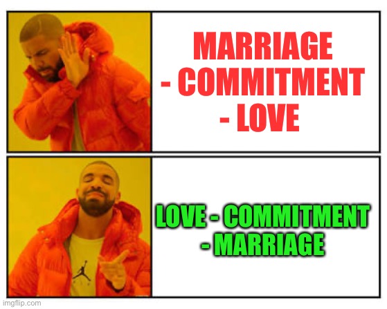 No - Yes | MARRIAGE - COMMITMENT - LOVE; LOVE - COMMITMENT - MARRIAGE | image tagged in no - yes | made w/ Imgflip meme maker