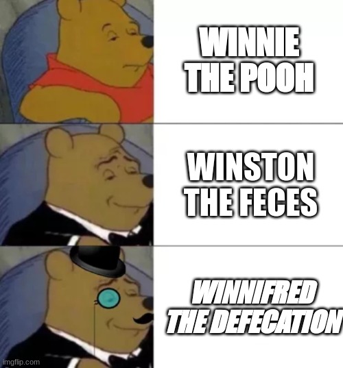 the proper way | WINNIE THE POOH; WINSTON THE FECES; WINNIFRED THE DEFECATION | image tagged in fancy pooh,proper,funny,viral,fancy,king | made w/ Imgflip meme maker