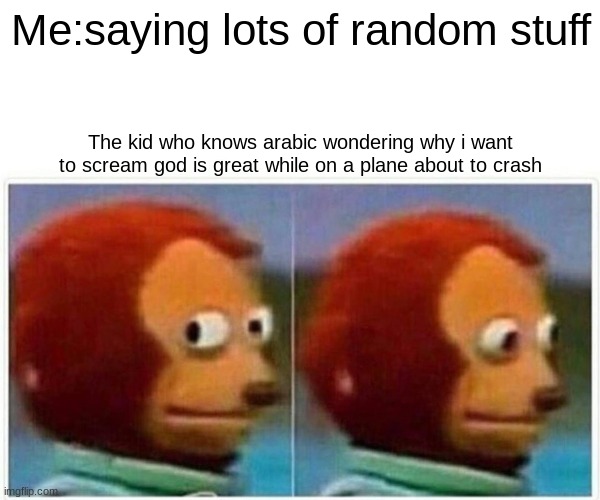 Monkey Puppet Meme | Me:saying lots of random stuff; The kid who knows arabic wondering why i want to scream god is great while on a plane about to crash | image tagged in memes,monkey puppet | made w/ Imgflip meme maker