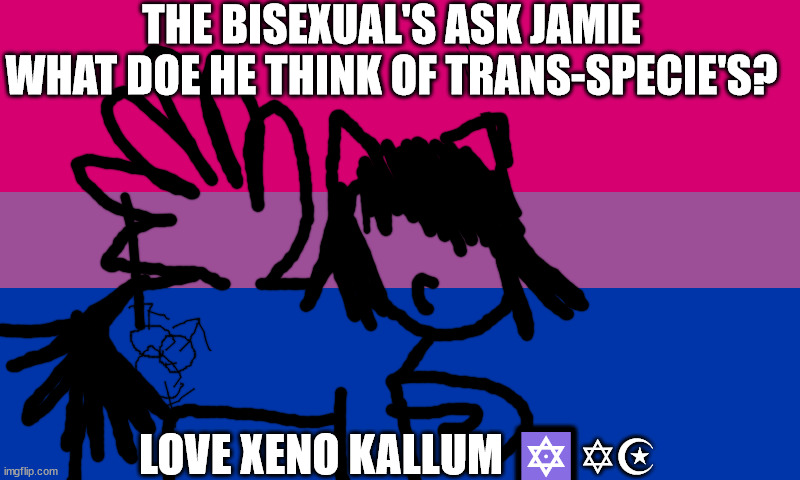 Bi flag | THE BISEXUAL'S ASK JAMIE WHAT DOE HE THINK OF TRANS-SPECIE'S? LOVE XENO KALLUM 🔯✡☪ | image tagged in bi flag | made w/ Imgflip meme maker