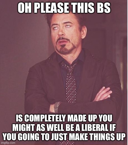 Face You Make Robert Downey Jr Meme | OH PLEASE THIS BS IS COMPLETELY MADE UP YOU MIGHT AS WELL BE A LIBERAL IF YOU GOING TO JUST MAKE THINGS UP | image tagged in memes,face you make robert downey jr | made w/ Imgflip meme maker