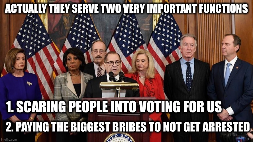 House Democrats | ACTUALLY THEY SERVE TWO VERY IMPORTANT FUNCTIONS 1. SCARING PEOPLE INTO VOTING FOR US 2. PAYING THE BIGGEST BRIBES TO NOT GET ARRESTED | image tagged in house democrats | made w/ Imgflip meme maker
