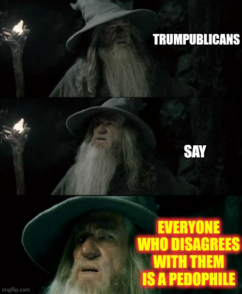 And Yet Some Of Them Are Under Investigation | TRUMPUBLICANS; SAY; EVERYONE WHO DISAGREES WITH THEM IS A PEDOPHILE | image tagged in memes,confused gandalf,gaslighting trumpublicans,trumpublican lies,bad actors,lock them up | made w/ Imgflip meme maker