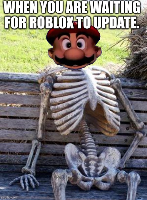 Waiting Skeleton | WHEN YOU ARE WAITING FOR ROBLOX TO UPDATE. | image tagged in memes,waiting skeleton | made w/ Imgflip meme maker