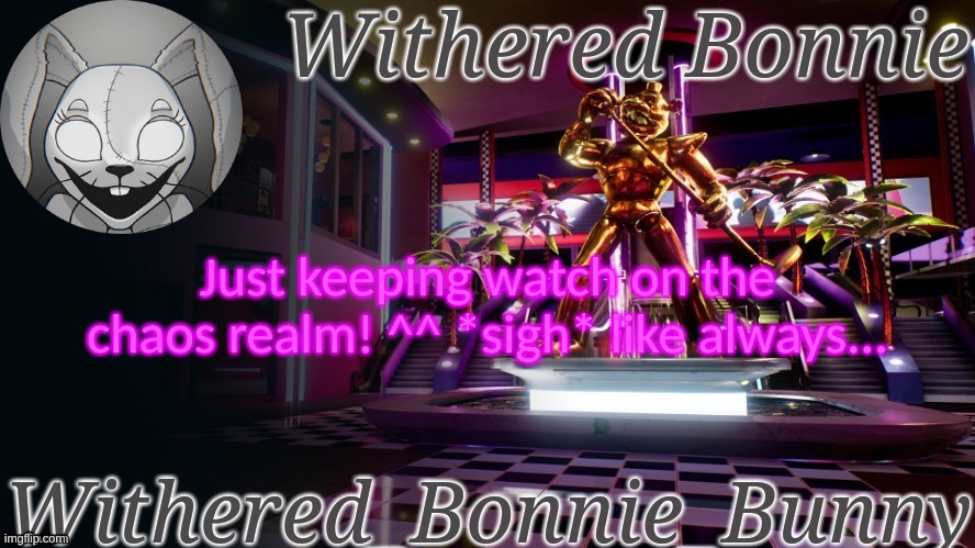 Don't pay attention to me, I'm not important | Just keeping watch on the chaos realm! ^^ *sigh* like always... | image tagged in withered_bonnie_bunny's security breach temp | made w/ Imgflip meme maker