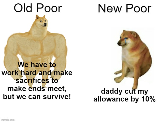 Buff Doge vs. Cheems Meme | Old Poor New Poor We have to work hard and make sacrifices to make ends meet, but we can survive! daddy cut my allowance by 10% | image tagged in memes,buff doge vs cheems | made w/ Imgflip meme maker