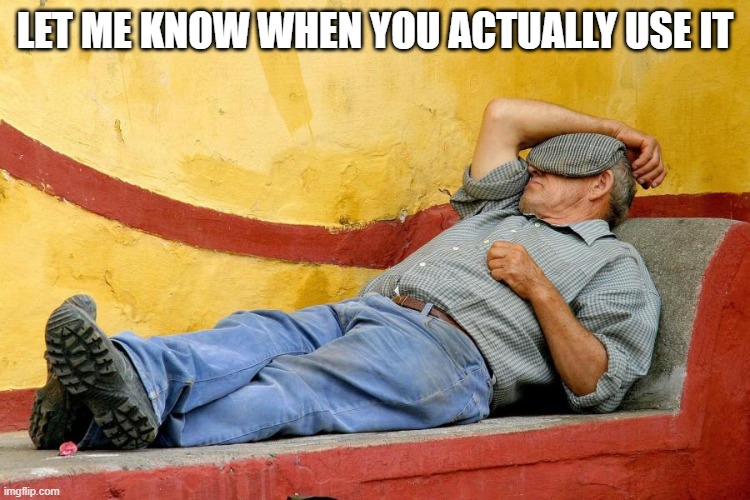 siesta | LET ME KNOW WHEN YOU ACTUALLY USE IT | image tagged in siesta | made w/ Imgflip meme maker