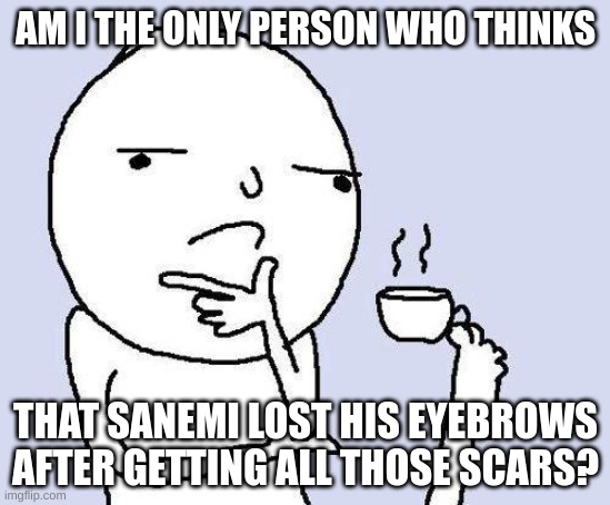 thinking meme | AM I THE ONLY PERSON WHO THINKS; THAT SANEMI LOST HIS EYEBROWS AFTER GETTING ALL THOSE SCARS? | image tagged in thinking meme | made w/ Imgflip meme maker