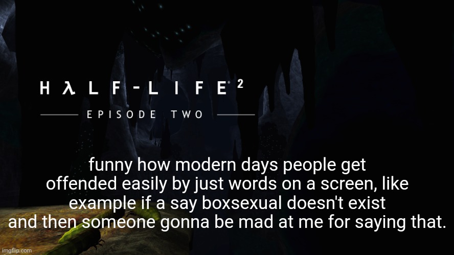 Hλlf-Life 2 ep2 | funny how modern days people get offended easily by just words on a screen, like example if a say boxsexual doesn't exist and then someone gonna be mad at me for saying that. | image tagged in h lf-life 2 ep2 | made w/ Imgflip meme maker