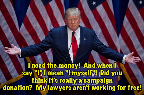 Donald Trump | I need the money!  And when I say "I", I mean "I myself"!  Did you think it's really a campaign donation?  My lawyers aren't working for fre | image tagged in donald trump | made w/ Imgflip meme maker