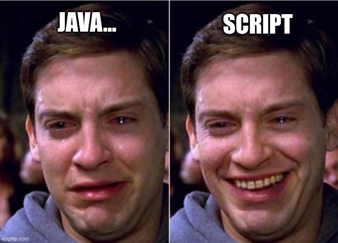 java... script | SCRIPT; JAVA... | image tagged in peter parker sad cry happy cry | made w/ Imgflip meme maker