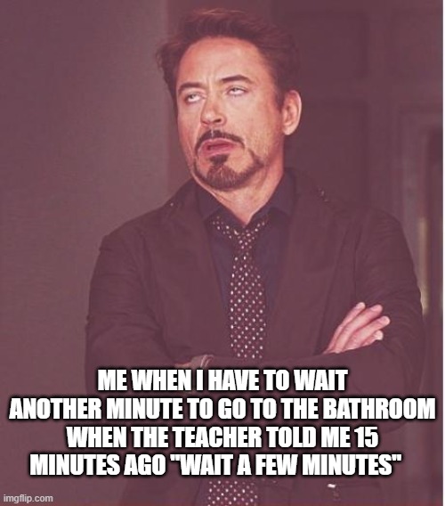 Face You Make Robert Downey Jr Meme | ME WHEN I HAVE TO WAIT ANOTHER MINUTE TO GO TO THE BATHROOM WHEN THE TEACHER TOLD ME 15 MINUTES AGO "WAIT A FEW MINUTES" | image tagged in memes,face you make robert downey jr | made w/ Imgflip meme maker