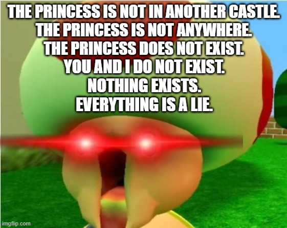 Toad? Are... are you all right? Uhh... | THE PRINCESS IS NOT IN ANOTHER CASTLE.
THE PRINCESS IS NOT ANYWHERE.
THE PRINCESS DOES NOT EXIST. YOU AND I DO NOT EXIST.
NOTHING EXISTS.
EVERYTHING IS A LIE. | image tagged in oh hello,is ur name gus,do you own a duck,is his name scribbles,if not,it does not deserve life | made w/ Imgflip meme maker