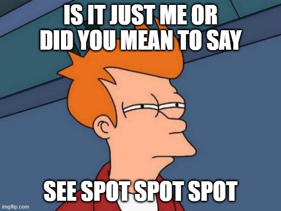 Futurama Fry Meme | IS IT JUST ME OR DID YOU MEAN TO SAY SEE SPOT SPOT SPOT | image tagged in memes,futurama fry | made w/ Imgflip meme maker