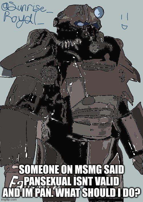 fallout | SOMEONE ON MSMG SAID PANSEXUAL ISNT VALID AND IM PAN. WHAT SHOULD I DO? | image tagged in fallout | made w/ Imgflip meme maker