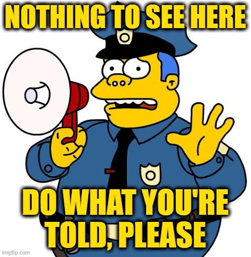 Simpsons Chief Wiggum | NOTHING TO SEE HERE DO WHAT YOU'RE TOLD, PLEASE | image tagged in simpsons chief wiggum | made w/ Imgflip meme maker