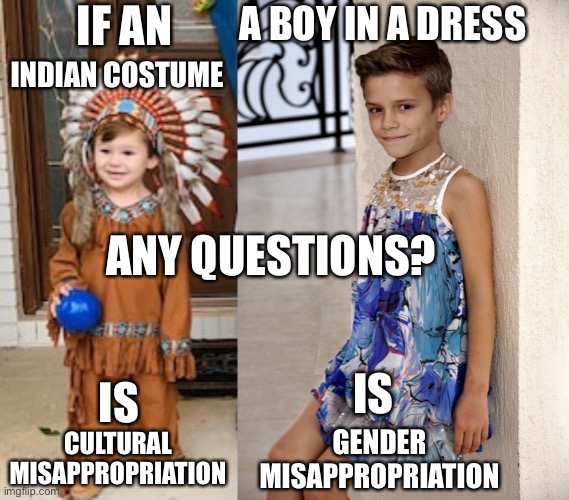 A BOY IN A DRESS; IF AN; INDIAN COSTUME; ANY QUESTIONS? IS; IS; CULTURAL MISAPPROPRIATION; GENDER MISAPPROPRIATION | made w/ Imgflip meme maker