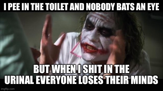 Introduce, a little anarchy | I PEE IN THE TOILET AND NOBODY BATS AN EYE; BUT WHEN I SHIT IN THE URINAL EVERYONE LOSES THEIR MINDS | image tagged in memes,and everybody loses their minds | made w/ Imgflip meme maker
