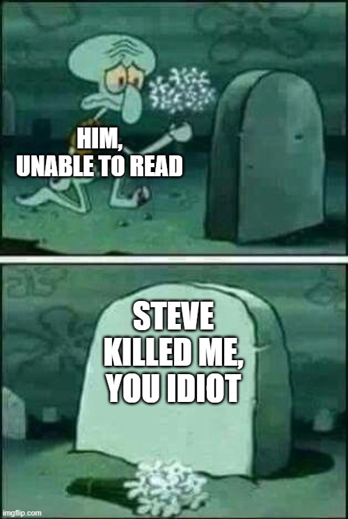 grave spongebob | HIM, UNABLE TO READ STEVE KILLED ME, YOU IDIOT | image tagged in grave spongebob | made w/ Imgflip meme maker