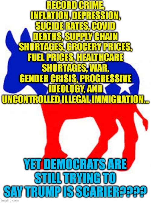 Do Democrats all believe if you tell a lie long enough it becomes truth? Because they have serious explaining to do | RECORD CRIME, INFLATION, DEPRESSION, SUCIDE RATES, COVID DEATHS, SUPPLY CHAIN SHORTAGES, GROCERY PRICES, FUEL PRICES, HEALTHCARE SHORTAGES, WAR, GENDER CRISIS, PROGRESSIVE IDEOLOGY, AND UNCONTROLLED ILLEGAL IMMIGRATION... YET DEMOCRATS ARE STILL TRYING TO SAY TRUMP IS SCARIER???? | image tagged in democrat donkey,liberal logic,stupid people,ruin,task failed successfully,democrats | made w/ Imgflip meme maker