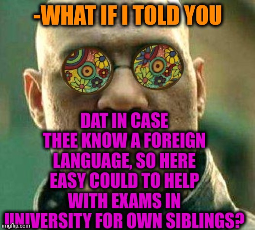 -Well speaker. | DAT IN CASE THEE KNOW A FOREIGN LANGUAGE, SO HERE EASY COULD TO HELP WITH EXAMS IN UNIVERSITY FOR OWN SIBLINGS? -WHAT IF I TOLD YOU | image tagged in acid kicks in morpheus,foreign policy,sign language,exams,university,what if i told you | made w/ Imgflip meme maker