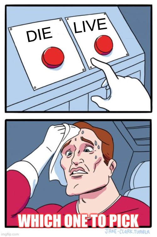 IDK WHAT TO PICK | LIVE; DIE; WHICH ONE TO PICK | image tagged in memes,two buttons | made w/ Imgflip meme maker