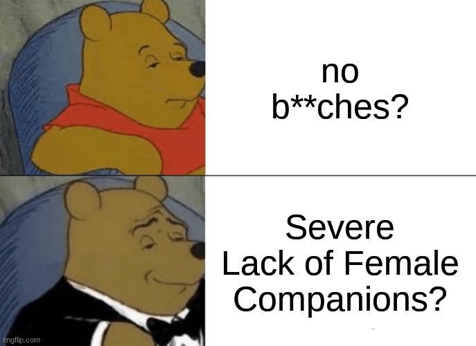 Tuxedo Winnie The Pooh | no b**ches? Severe Lack of Female Companions? | image tagged in memes,tuxedo winnie the pooh | made w/ Imgflip meme maker