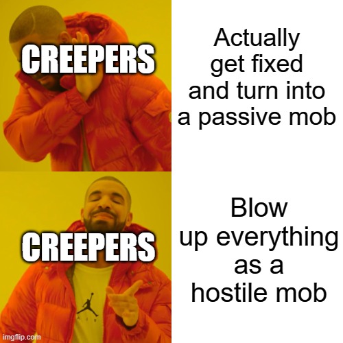 Drake Hotline Bling | Actually get fixed and turn into a passive mob; CREEPERS; Blow up everything as a hostile mob; CREEPERS | image tagged in memes,drake hotline bling | made w/ Imgflip meme maker