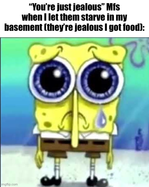 Sad Spongebob | “You’re just jealous” Mfs when I let them starve in my basement (they’re jealous I got food): | image tagged in sad spongebob | made w/ Imgflip meme maker